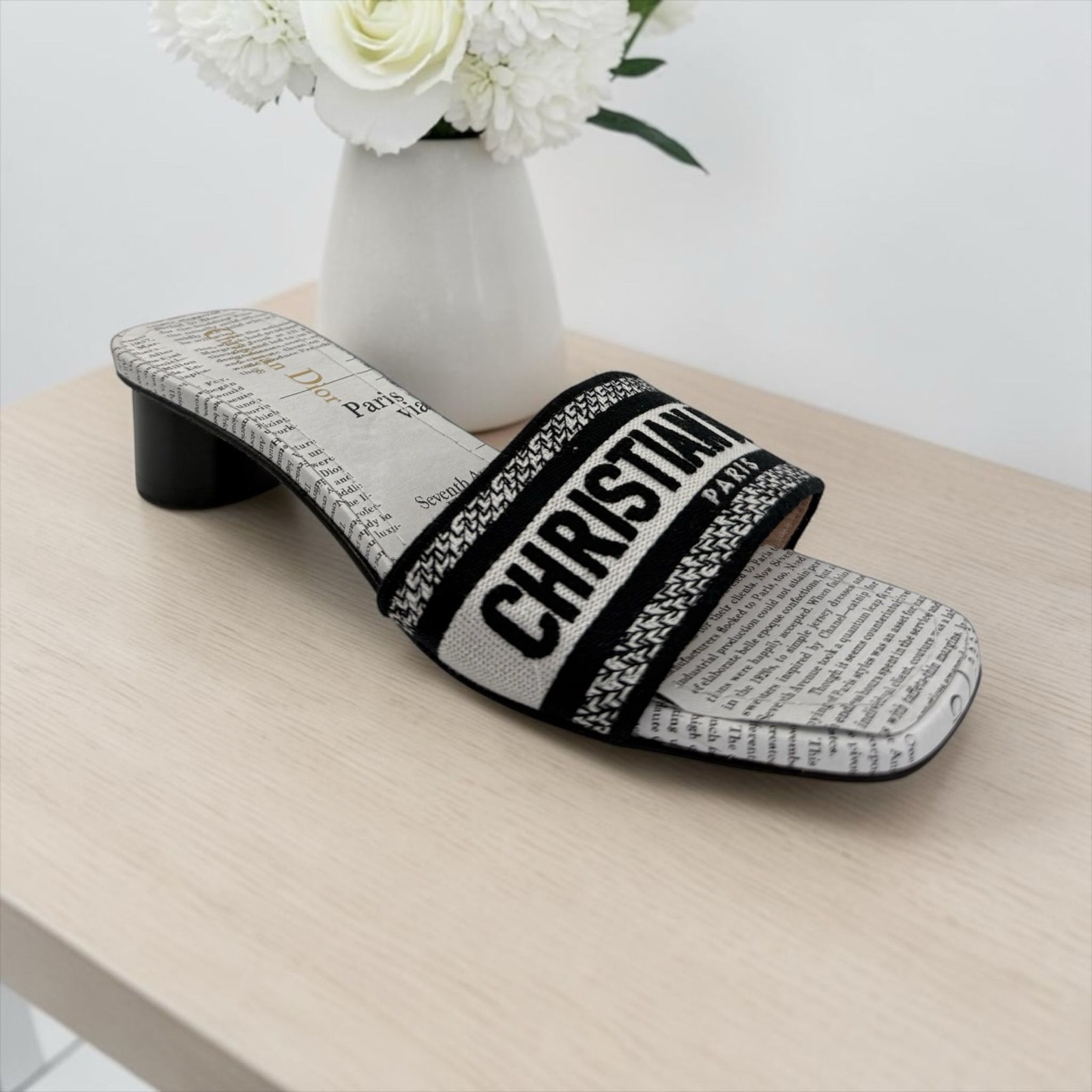 Dior Dway Heeled Newspaper Print Slides (38/8)